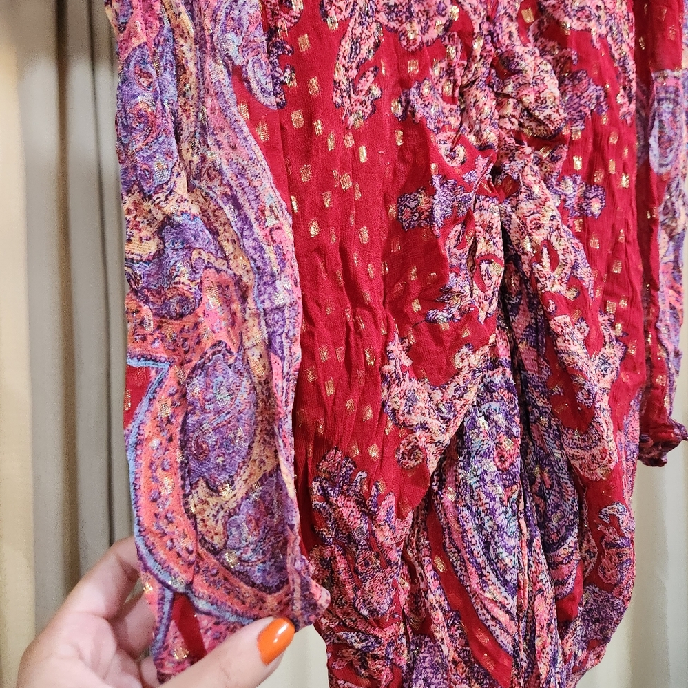 Rococo Sand Nott Printed Metallic Plunge Mini Dress Puff Sleeve - Picture 5 of 10